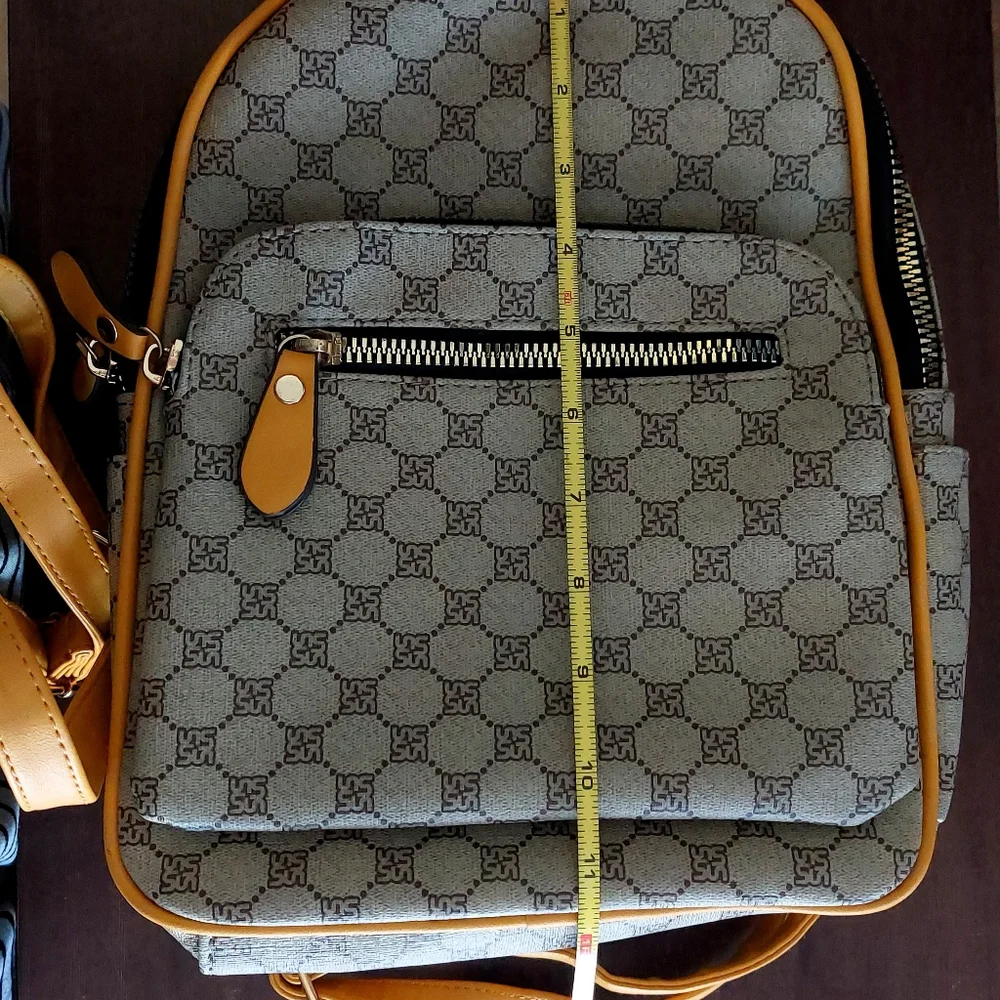 Yellow & Tan Small Faux Leather Vegan Friendly Fashion Backpack Purse w/ Print - Picture 11 of 12